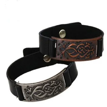 

Retro Flower Tattoo Metal Black Leather Cuff Bracelets Antique Silver Copper Plated Mens Jewelry Personality Bracelets & Bangles