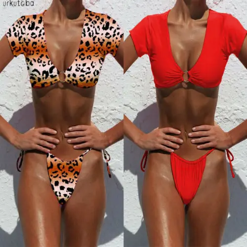 

2019 Women Sexy Short Sleeve Leopard Padded Push Up Bikini Swimsuits Bathing Suit Swimwear Bathing Suit Beachwear 2019 New