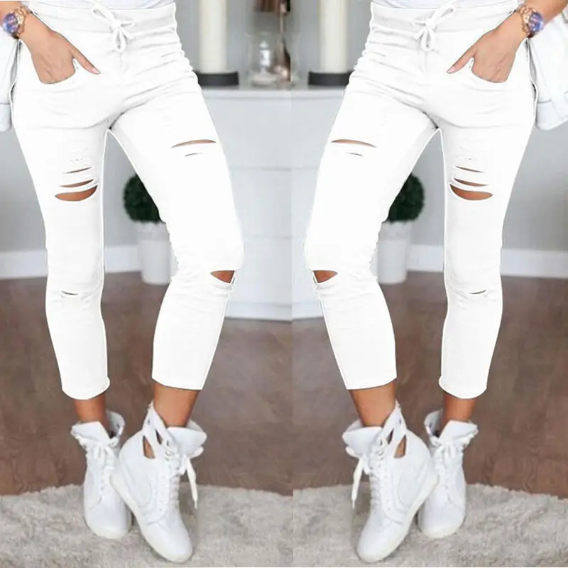 Новые обтягивающие джинсы женские измельченные брюки с высокой талией женские брюки женские леггинсы рваные спортивные брюки черные рваные джинсы - Цвет: Белый