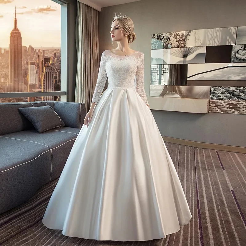 Holievery Satin Beach Wedding Dress with Sleeves Novia 2020 Ivory Lace Appliques Floor Length