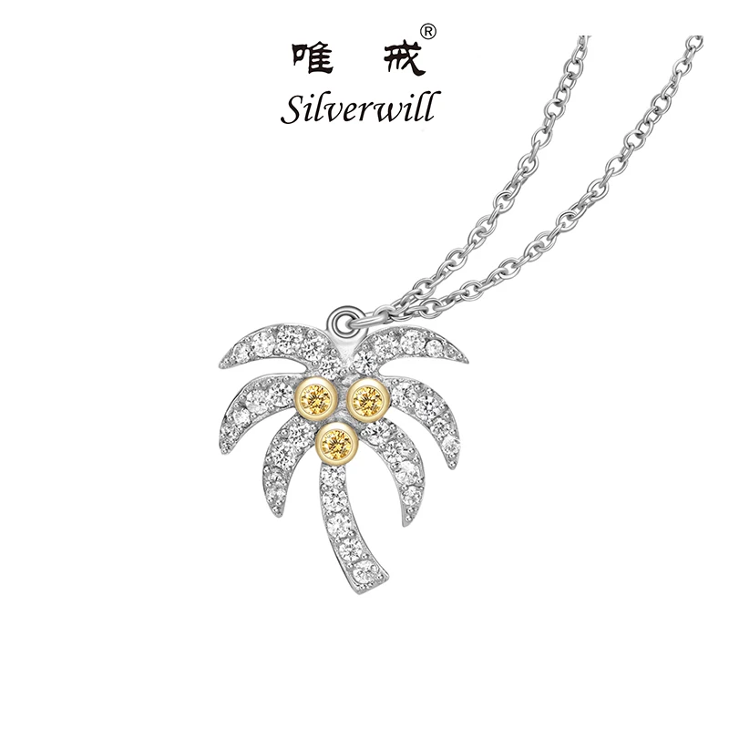

Silverwill 2018 Hot Sparkling 925 Sterling silver exquisite crystal Coconut palm necklace Fashoin summer Jewelry gift for women