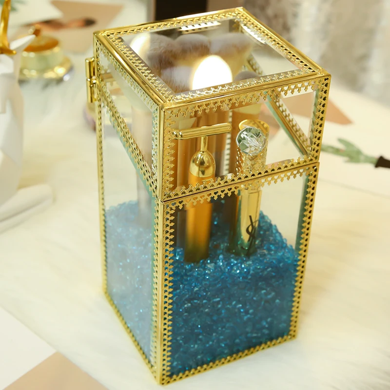 High Quality Gold Glass Makeup Tools Pen Brushes Box With Pearls Square Makeup Tools Storage Case Can Put Makeup Pen Brushes