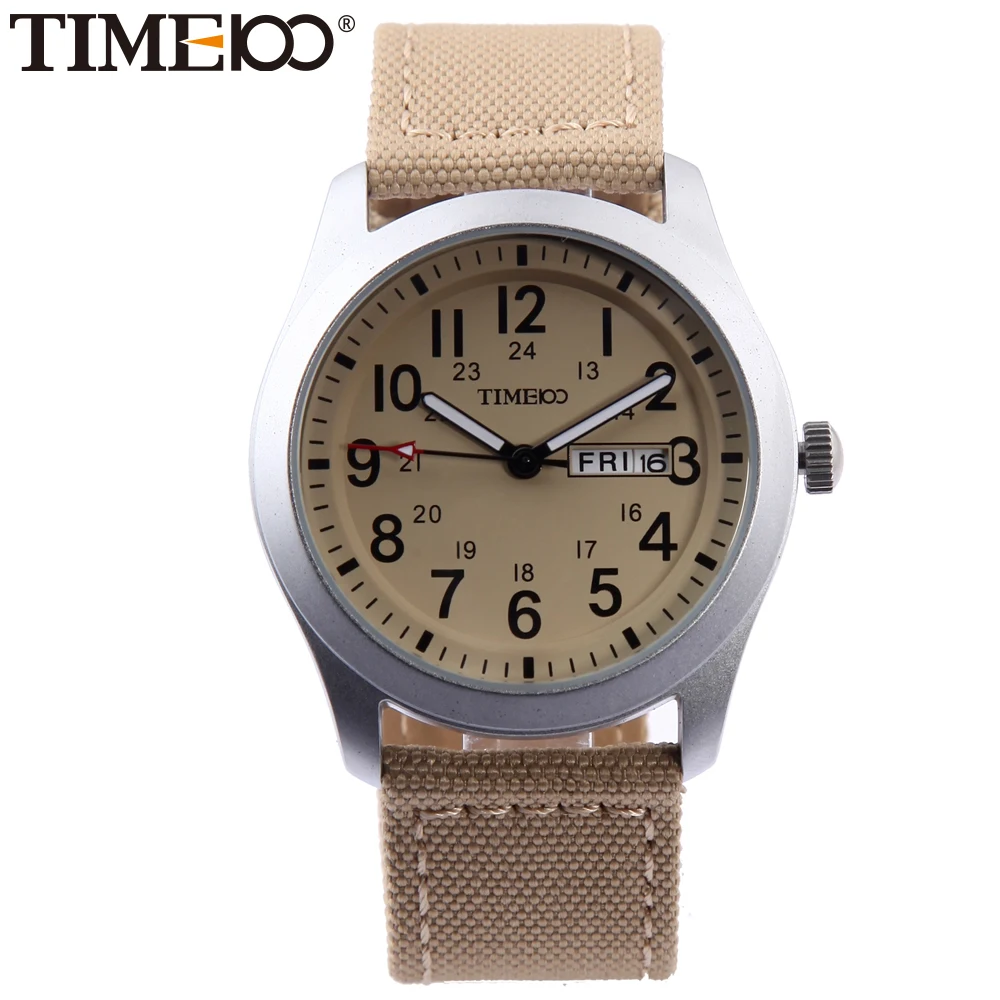 Time100 Men's Watches Casual Beige Quartz Watches Canvas Strap Wrist Watch Sport Auto Date Analog Display erkek saatleri 2018 time100 women watches chronograph diamond auto date sport leather strap casual quartz wrist watches for women relojes mujer