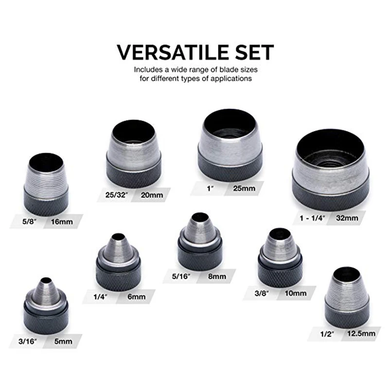 

Interchangable Hollow Hole Punch Set with Handle Heavy Duty 10 Pcs Large Set HUG-Deals