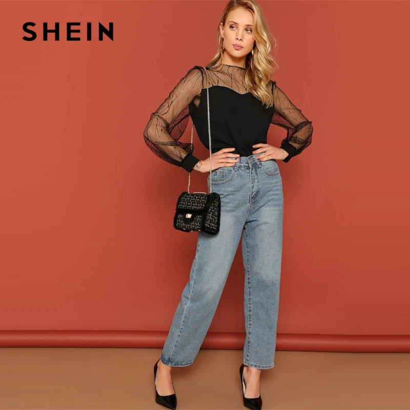  SHEIN Black Sheer Contrast Mesh Yoke Sweetheart Neck Round Neck Top Women Spring Elegant Autumn Cas