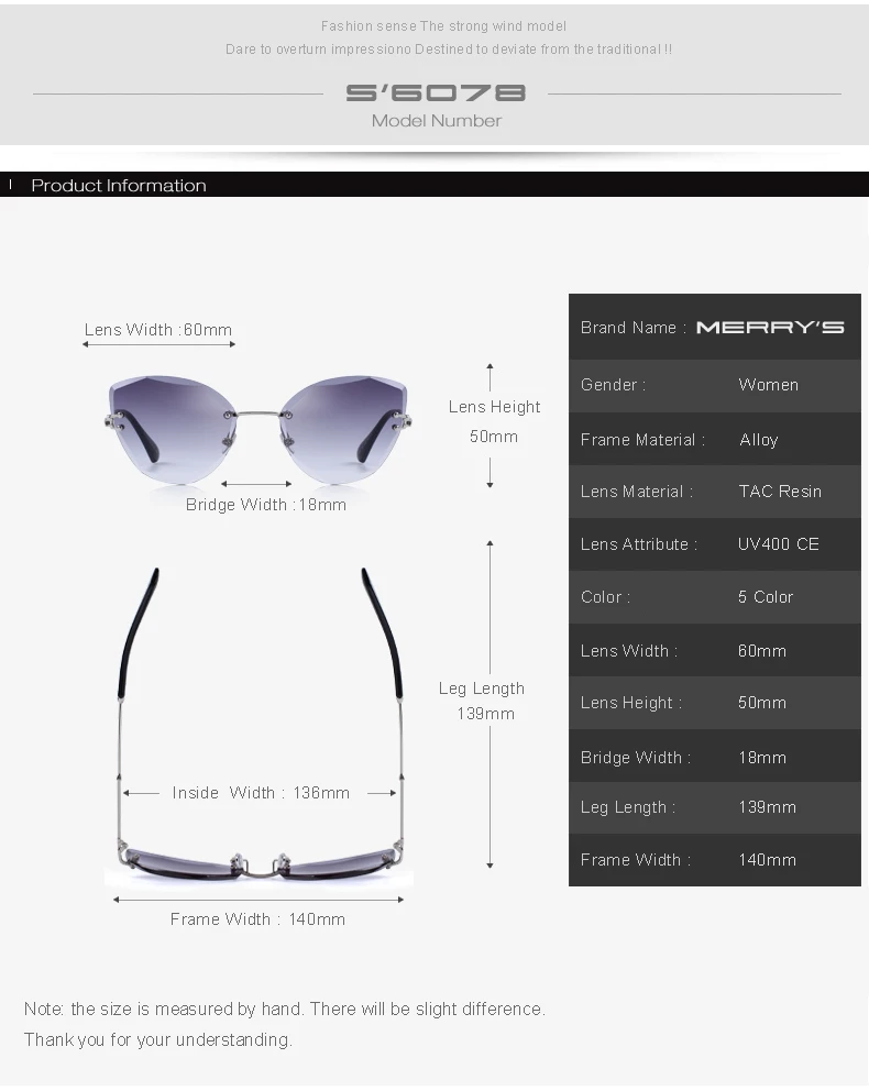 MERRYS дизайн для женщин без оправы Солнцезащитные очки с градиентными линзами UV400 защита S6078