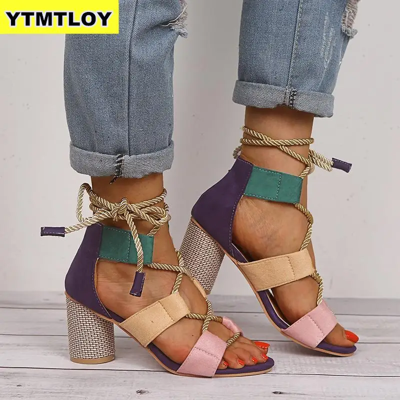 Women Sandals Lace Up Summer Shoes Woman Heels Pointed Fish Mouth Gladiator Pumps Hemp Rope High Knot rope Strap Sexy