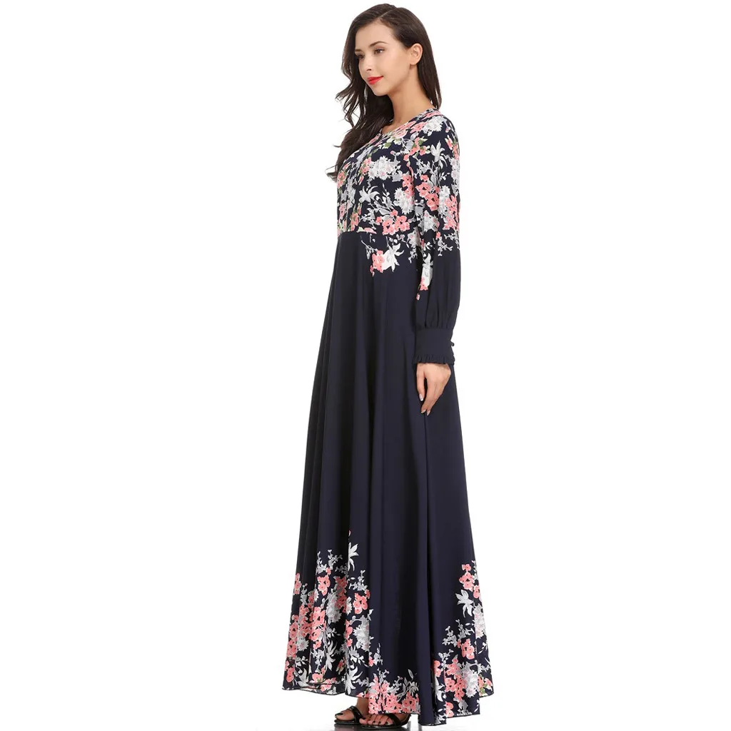 Womail женские мусульманские платья Кафтан исламское платье с длинным рукавом с высокой талией цветочные элегантные мусульманские Вечерние платья Дубай Макси A9