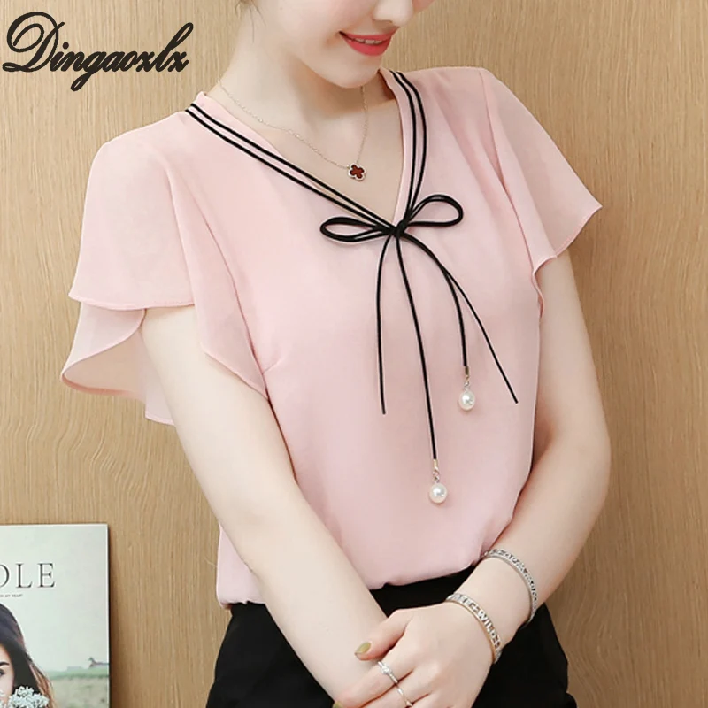 

Dingaozlz M-4XL Plus size Women clothing New fashion Bow tie Summer Tops Butterfly sleeve Chiffon blouse Casual White shirt