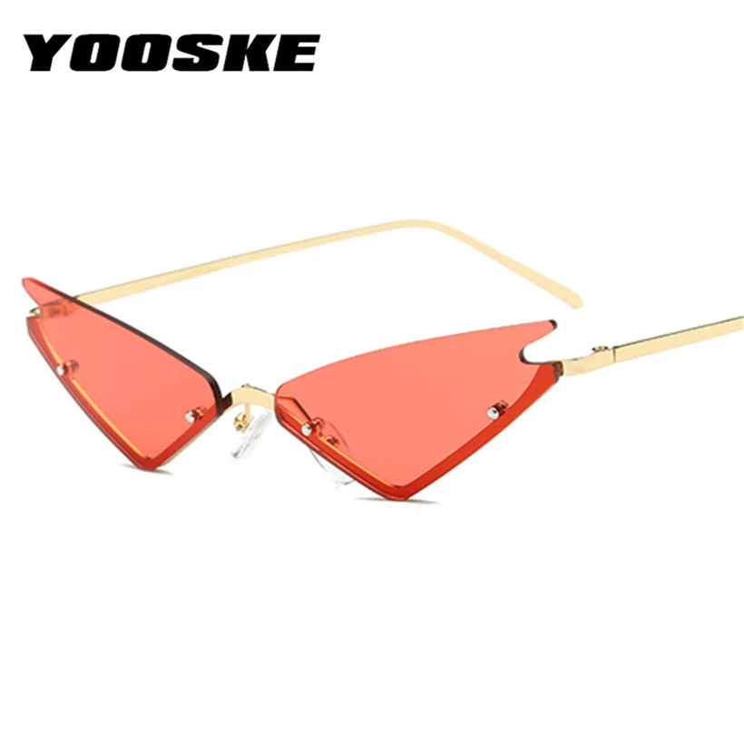 

YOOSKE Small Cat Eye Sunglasses For Women Brand Designer Half Frame Red Mirror Eyewear Female Triangle Glasses Shades Men UV400