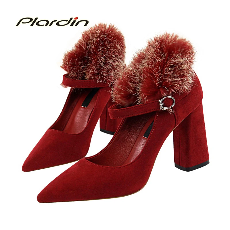 

plardin New Winter Women Shoes Fashion Concise Suede square heel Fur women Comfortable Sexy Mary Jane Woman women Pumps