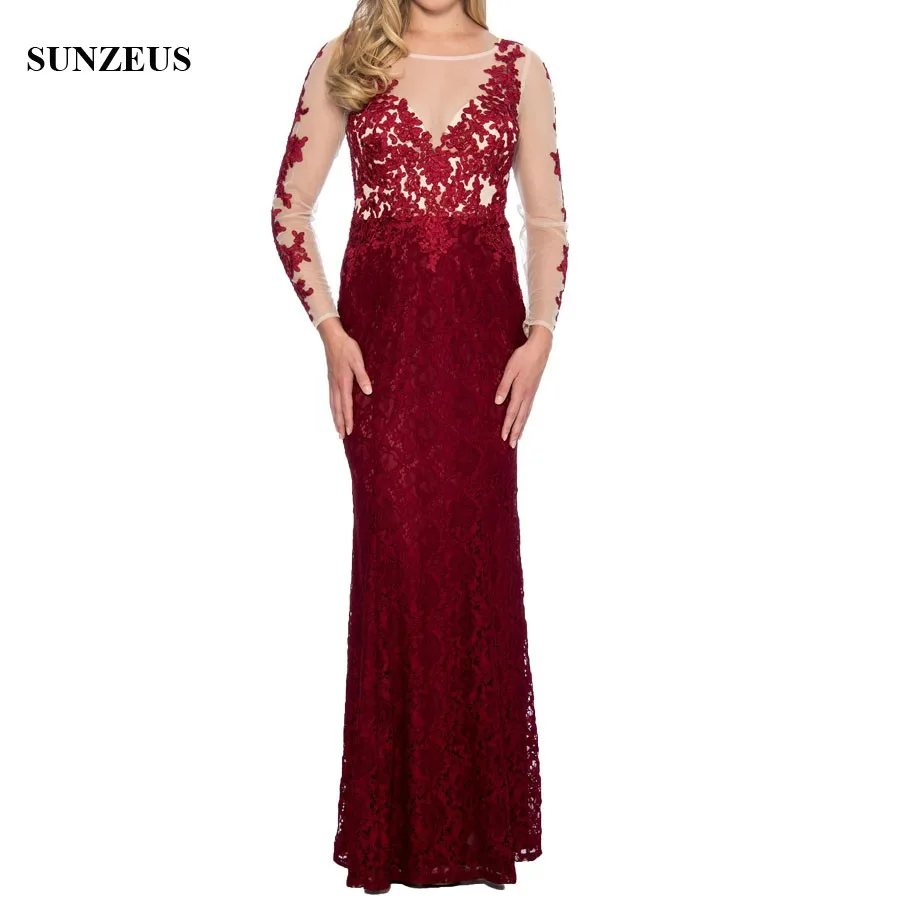 Elegant Wine Red Lace Mother Of The Bride Dresses With Long Sleeves