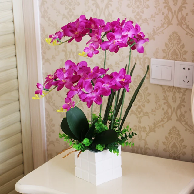 Orchidee Artificiali In Vaso - 3 Rami Con Fiori Bianchi E Viola, Decorazione Casa E Ufficio - Foto 6