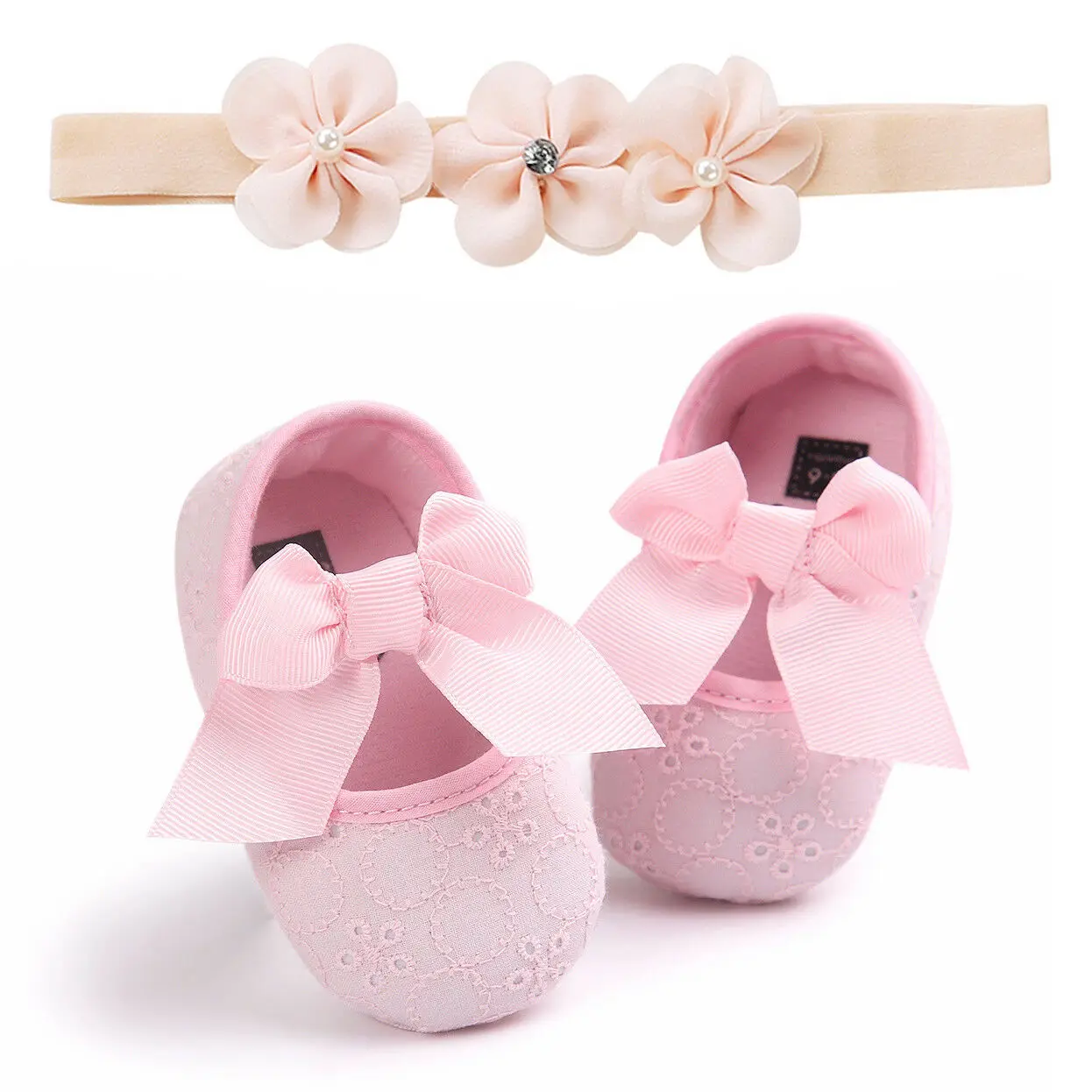 Милая мягкая подошва для новорожденных девочек против скольжения прогулочные туфли с повязкой на голову 0-18 м