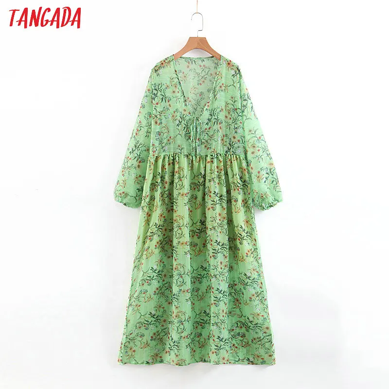 

Tangada women chiffon dress green flower print v neck lantern long sleeve 2019 korean fashion female midi dresses vestidos SL342
