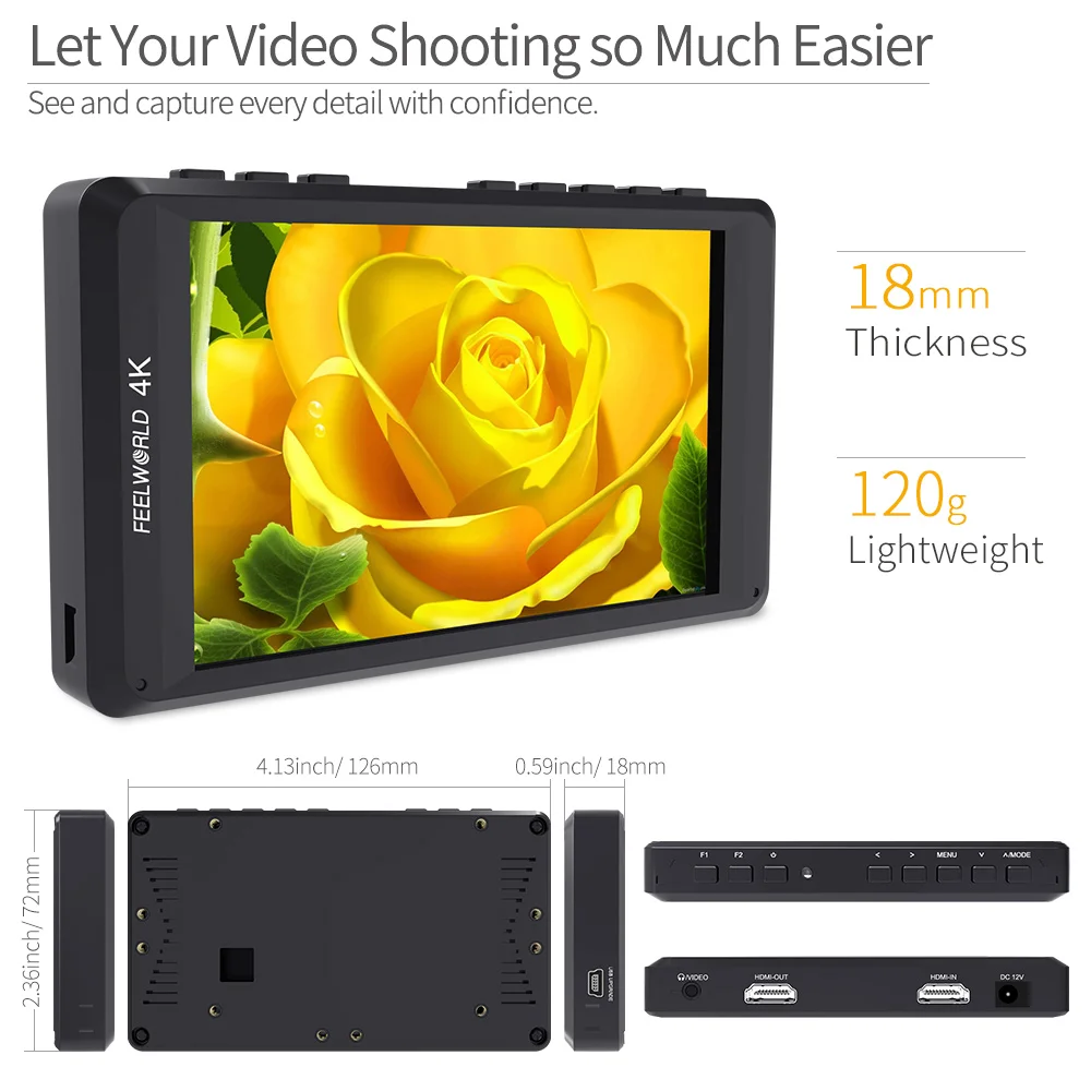 Монитор Feelworld FW450 с разрешением 4 5 дюйма IPS 4K HDMI HD для цифровой зеркальной камеры