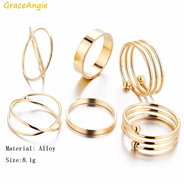 GraceAngie 6PCS/Set Gold Color Alloy Rings Trendy Stylish Jewelry Finger Tail To GraceAngie 6PCS/Set Gold Color Alloy Rings Trendy Stylish Jewelry Finger Tail To