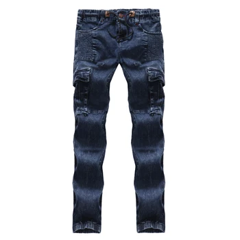 

New solid color hip hop washed denim trousers back pocket long pants elastic pleated side pocket cotton tether casual jeans.