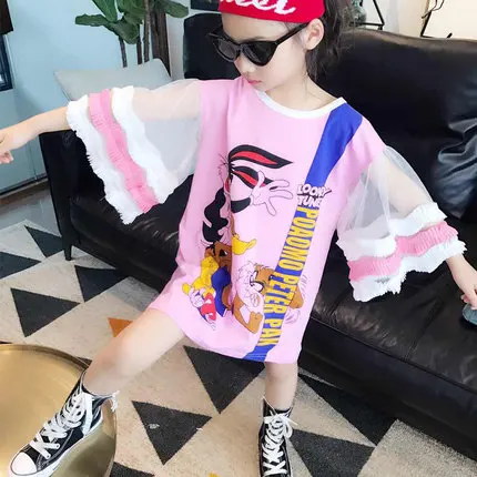 Летнее платье-футболка для маленьких девочек с принтом утка кролик сетка рукав