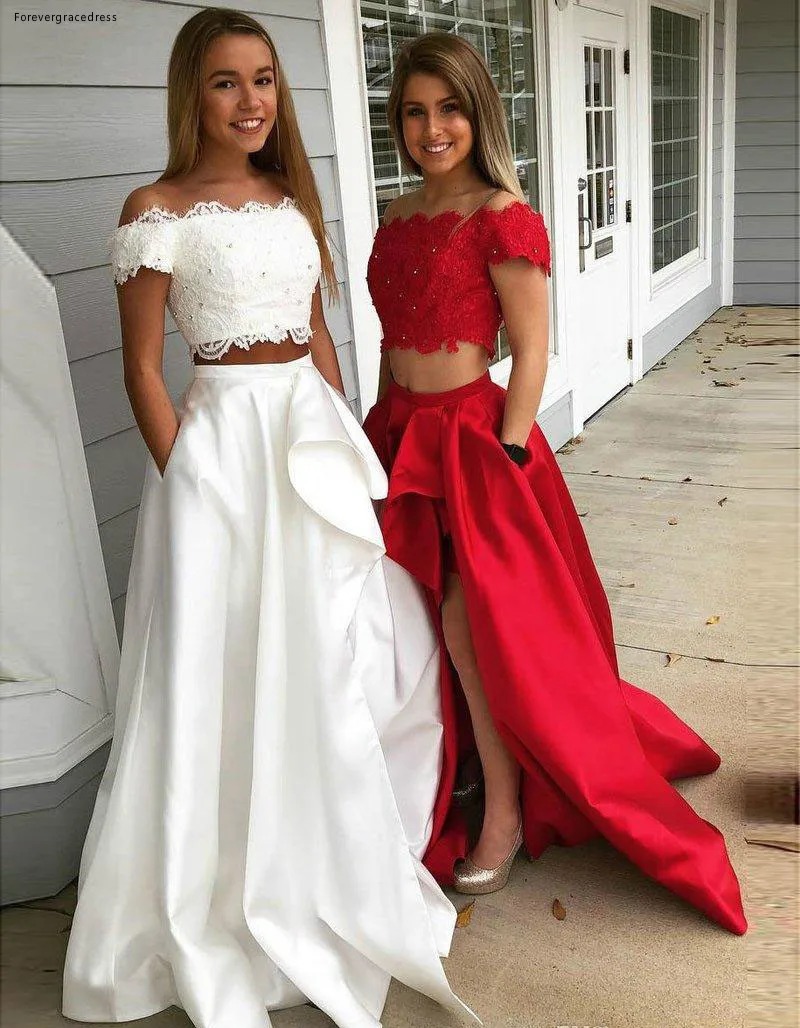 Sexy Two Pieces A Line Prom Dresses 2019 Hi-Lo Off the Shoulder Lace Crop Top Evening Gowns BC0054  119 (2)