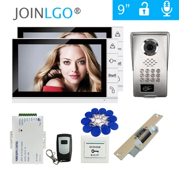 

FREE SHIPPING 9" LCD Video Intercom Door bell Phone 2 Monitors Kit RFID Code Keypad Unlock Outdoor Camera + Strike Electric Lock