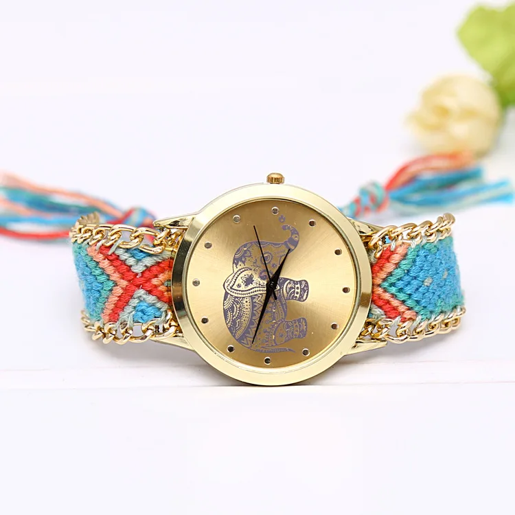 Мода СЛОН Многоцветный Ткань группа Для женщин кварцевые наручные часы в народном стиле Стиль Для женщин часы-браслет ручной работы Reloj Mujer