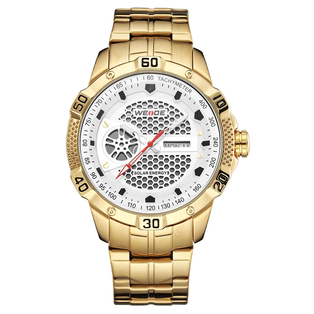 weide полностью Стальные кварцевые часы с солнечной энергией для мужчин спортивные водонепроницаемые деловые мужские часы hombre reloj relogio masculino - Цвет: Золотой