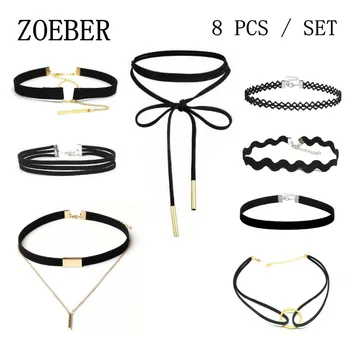 

ZOEBER 8 PCS Set New Gothic Tattoo Leather Choker Necklaces set Black leather necklace lot collar boho rope chain Hollow jewelry