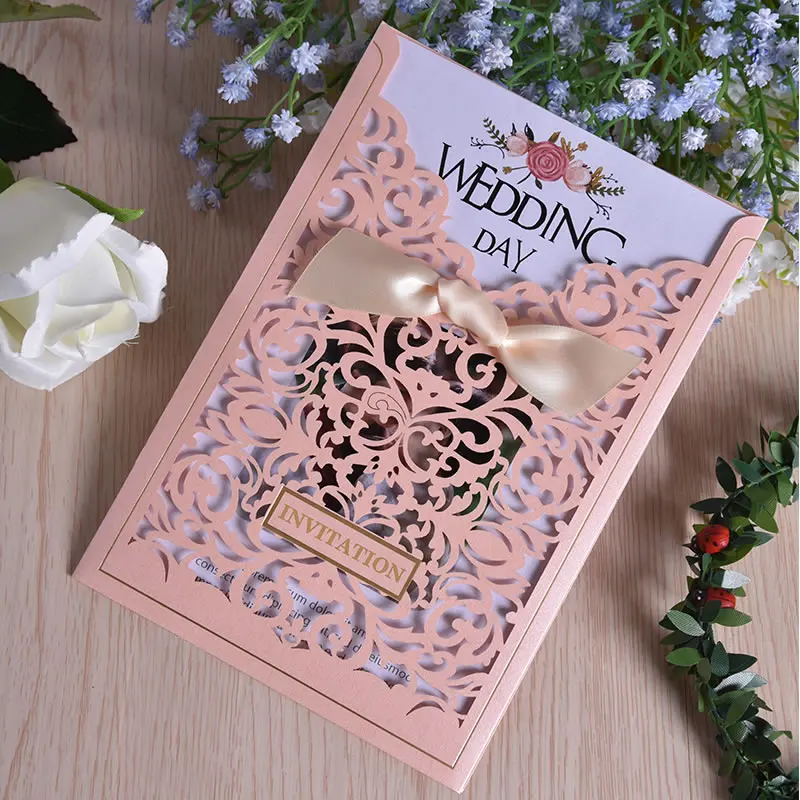 wholesale Design Ribbons Flower Bow Elegant Laser Cut Wedding Invitations Cards custom Blank