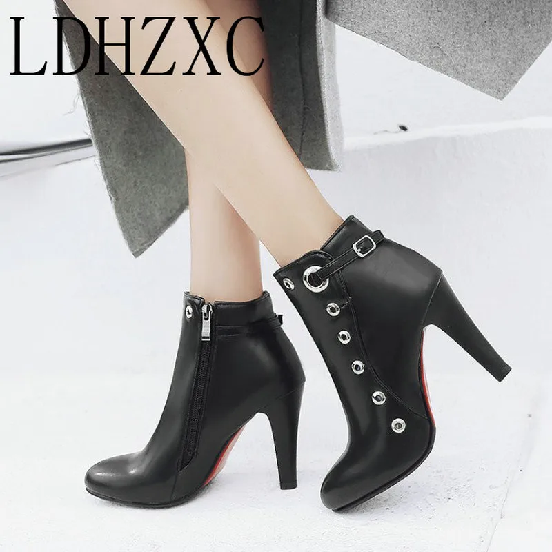 

LDHZXC White Ankle Boots for Women Boots High Heel Autumn Winter Round Toe Shoes Woman Fashion Zipper Brown Black 46 47 48