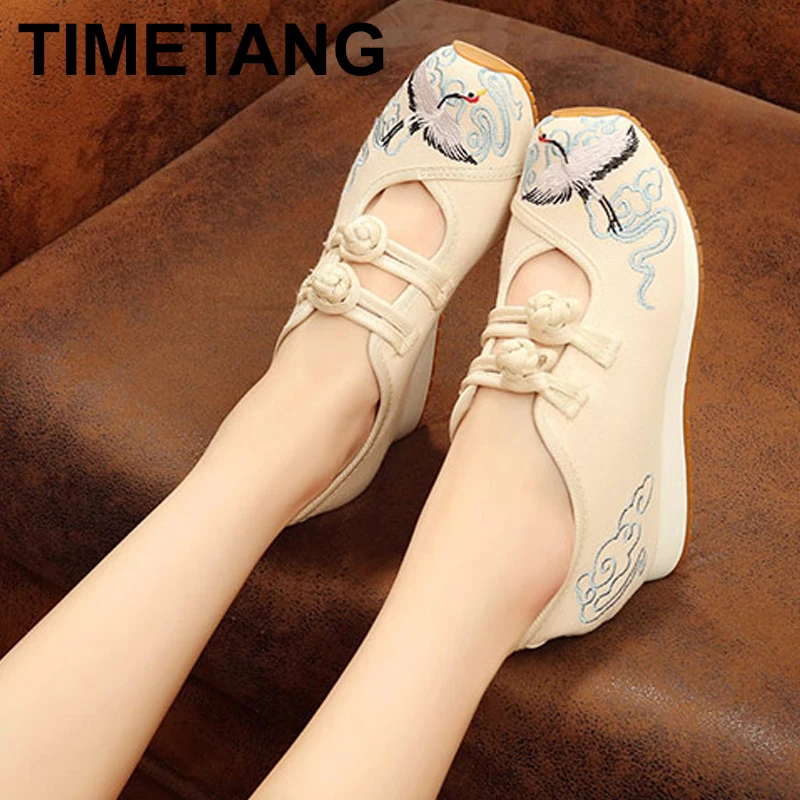

TIMETANGNew Crane Embroidered Women Casual Canvas Flat Platforms Retro Ladies Comfort Denim Cotton Embroidery Sneakers ShoesE222