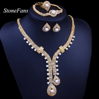 

StoneFans Gold Silver Color Rhinestone Pearl Sets for Women Wedding New Charming Rhinestone Necklace Sets Engagement Jewelry