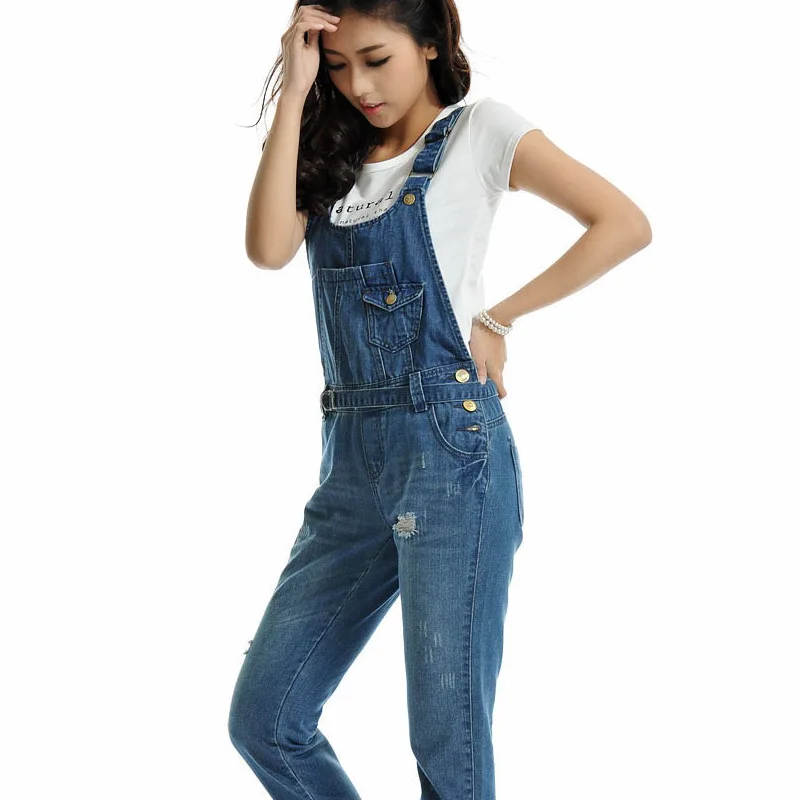 New Fashion women's jeans,Plus size Ladies' overalls trousers hole casual denim suspenders pants