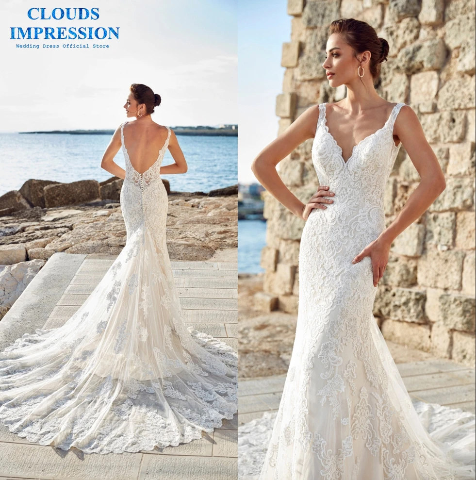 

CLOUDS IMPRESSION Sexy 2019 Lace Sweetheart Mermaid Wedding Dress Beach Button Vestige De Noiva Bridal Dress Appliques