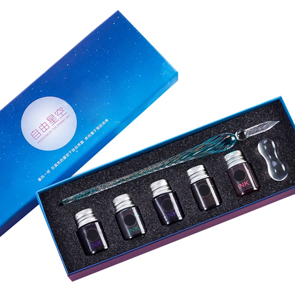 

New Hot 7 Pieces/set Crystal Glass Dip Pen Water Fountain Pen Set Elegant Writing Decoration Gift