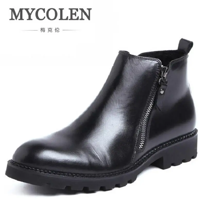 MYCOLEN/Мужская зимняя обувь; удобные кожаные ботинки из воловьей кожи; мужские плюшевые бархатные теплые ботинки; черная обувь на молнии;