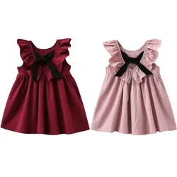 Лето 2017, новое повседневное стильное модное платье с бантом и рукавами-крылышками для девочек Одежда для девочек, милые детские платья