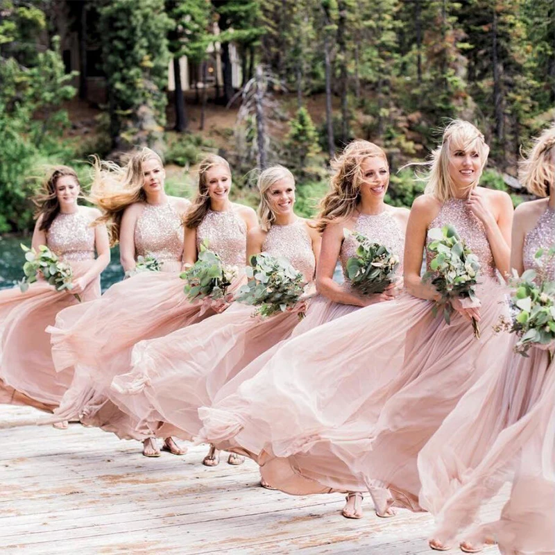 

New Blush Pink Plus Size with Sheer Neck Chiffon Sequins Lace Garden Wedding Party Guest Dress A-line Bridesmaid Dresses