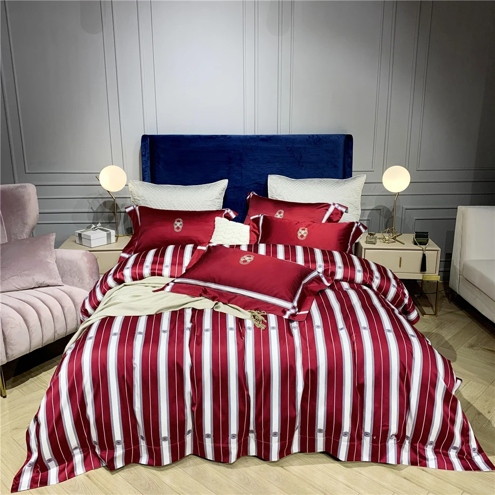 

140S superb egyptian cotton bedding sheet set 4 pieces red and white striped quilt covers queen king size sateen bed linen silky