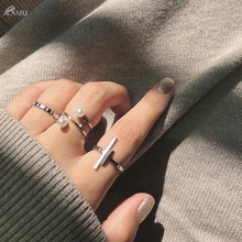 AOMU Япония Корея минималистичные металлические геометрические кольца для женщин Открытие Регулируемый Имитация Жемчуга Кольцо Модный Ювелирный Набор