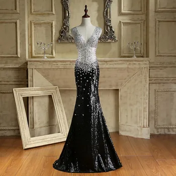 

iLoveWedding Mermaid Prom Dresses Formal Black Satin V-Neck Crystal Beading Sequined Floor Length Party Bridal Gowns CY019