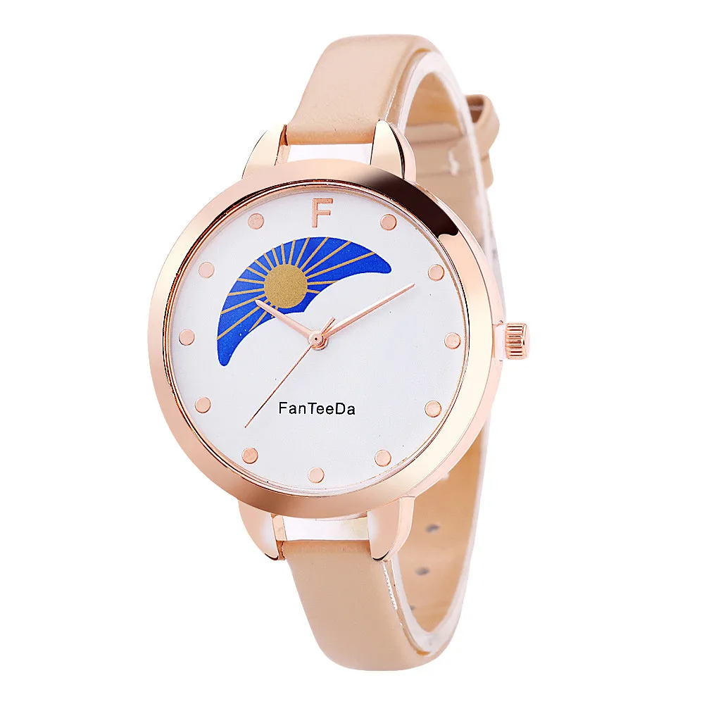 FanTeeDa relogio feminino Sun and moon Alloy Analog Leather Band Quartz Wrist Watch women Clock Casual Round kadin saat mujerB40 - Цвет: Слоновая кость