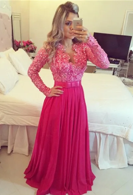 

2016 Lace Long Sleeve Chiffon Prom Dresses Deep V-Neck with Lace applique and Pearl adorned bodice BO8000 Gowns