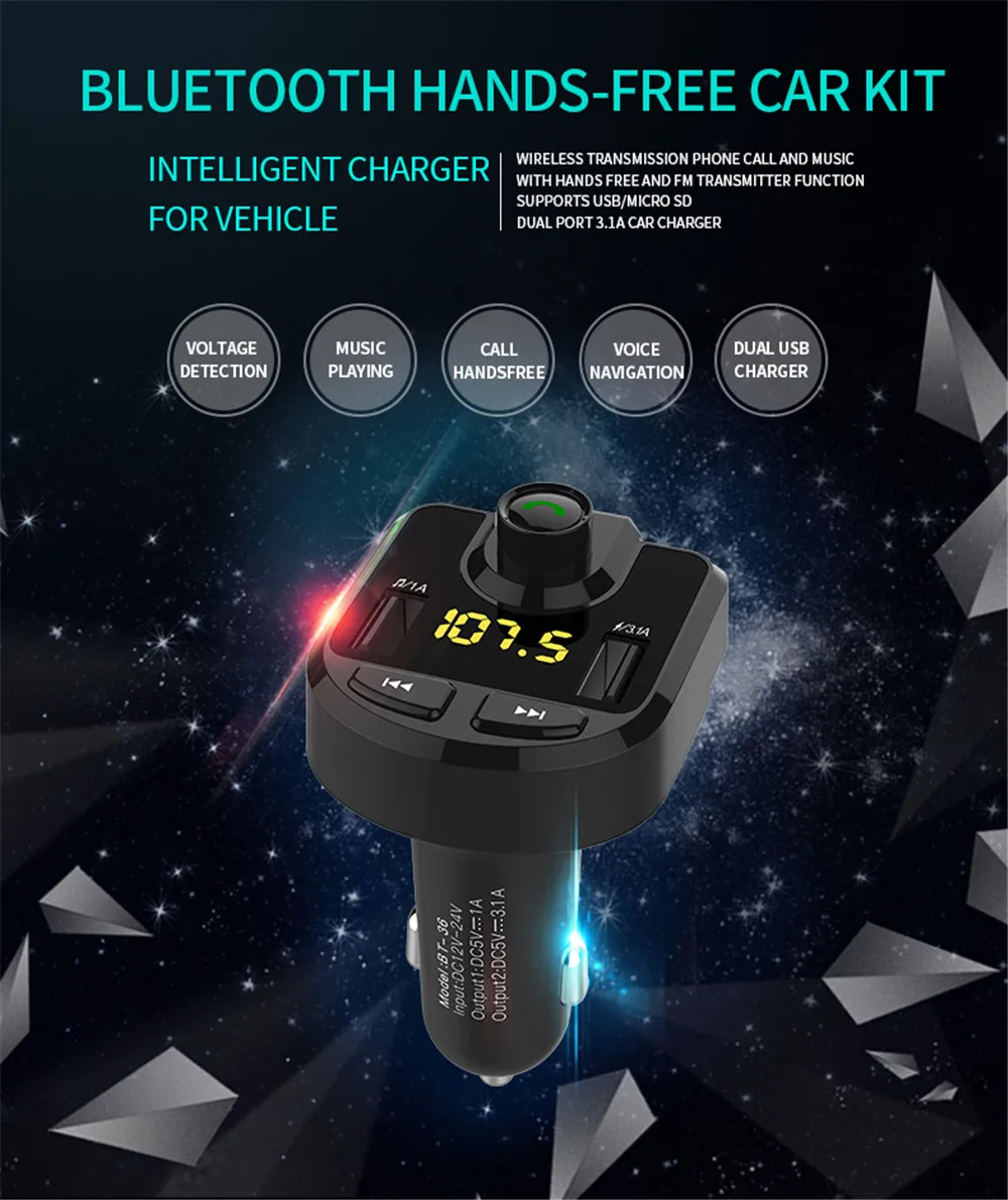 

FM Transmitter BT36 Bluetooth Handsfree Car Kit Car Audio MP3 Player with 3.1A Quick Charge Dual USB Car Charger
