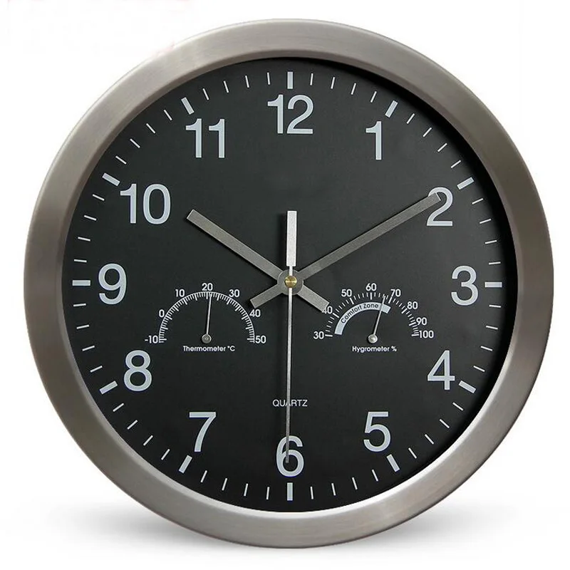 12 inch 30CM Modern Large Round Metal Wall Clock with Thermometer Hygrometer Super Silent Watch