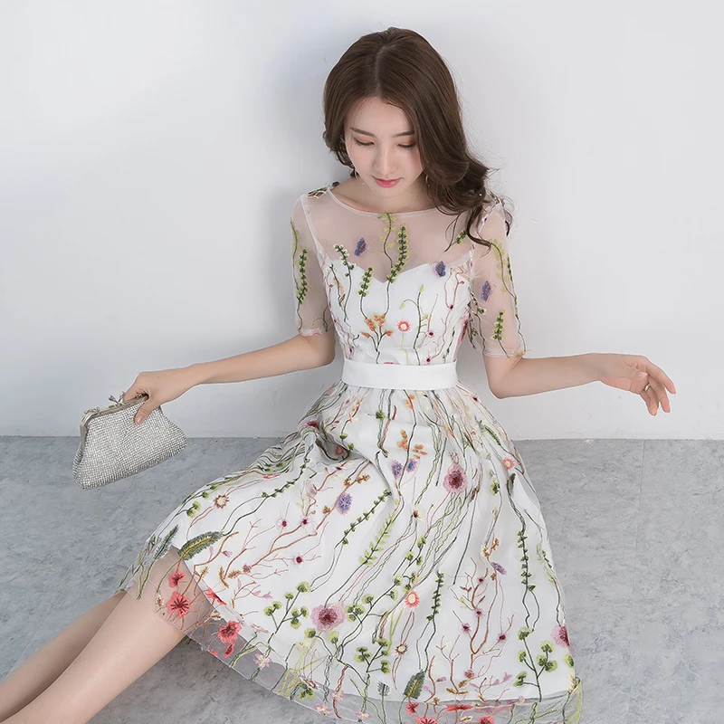 White Evening Dresses Long 2018 Elegant O-neck Half Sleeves Tea-Length Flower Lace Formal Dress Plus Size