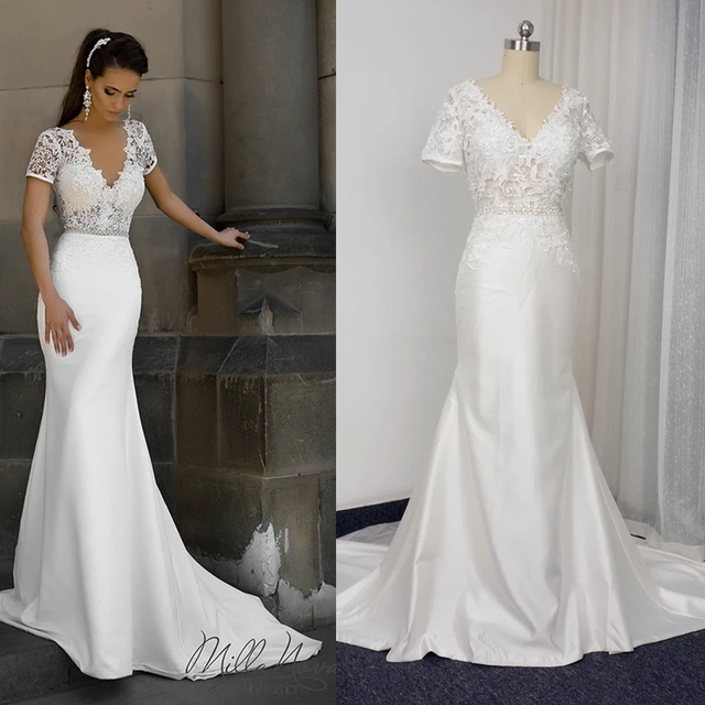 Short Sleeve V Neck Lace Sheath Wedding Dresses Low Back Satin Short Sleeve V Neck Lace Sheath Wedding Dresses Low Back Satin Bridal Gown With Belt