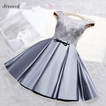 2017 New O-neck Lace Satin Short Womens Ball Gown Bridesmaid Dresses Off the Shoulder Double shoulder Wedding Party Prom Dress