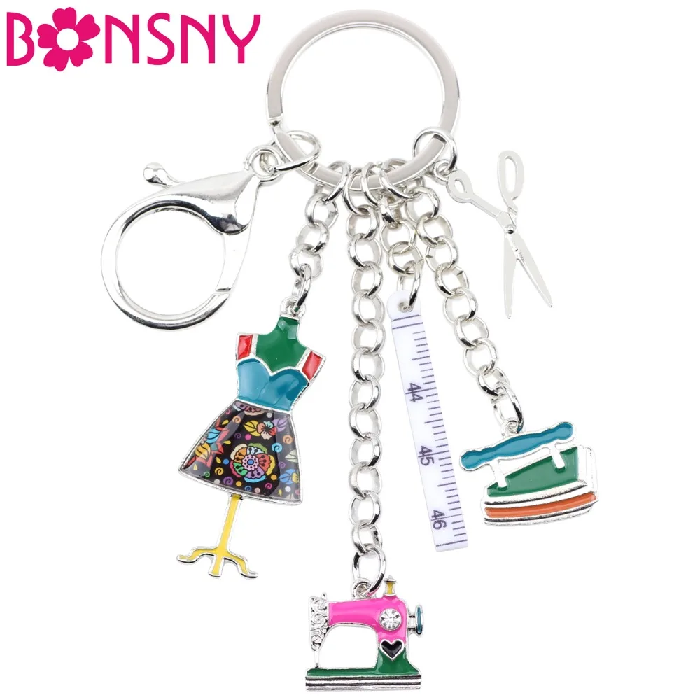 

Bonsny Enamel Alloy Sewing Machine Tools Scissors Ruler Key Chains Keychains Pendant Vintage Bag Car Purse Charms Gift Drop Ship