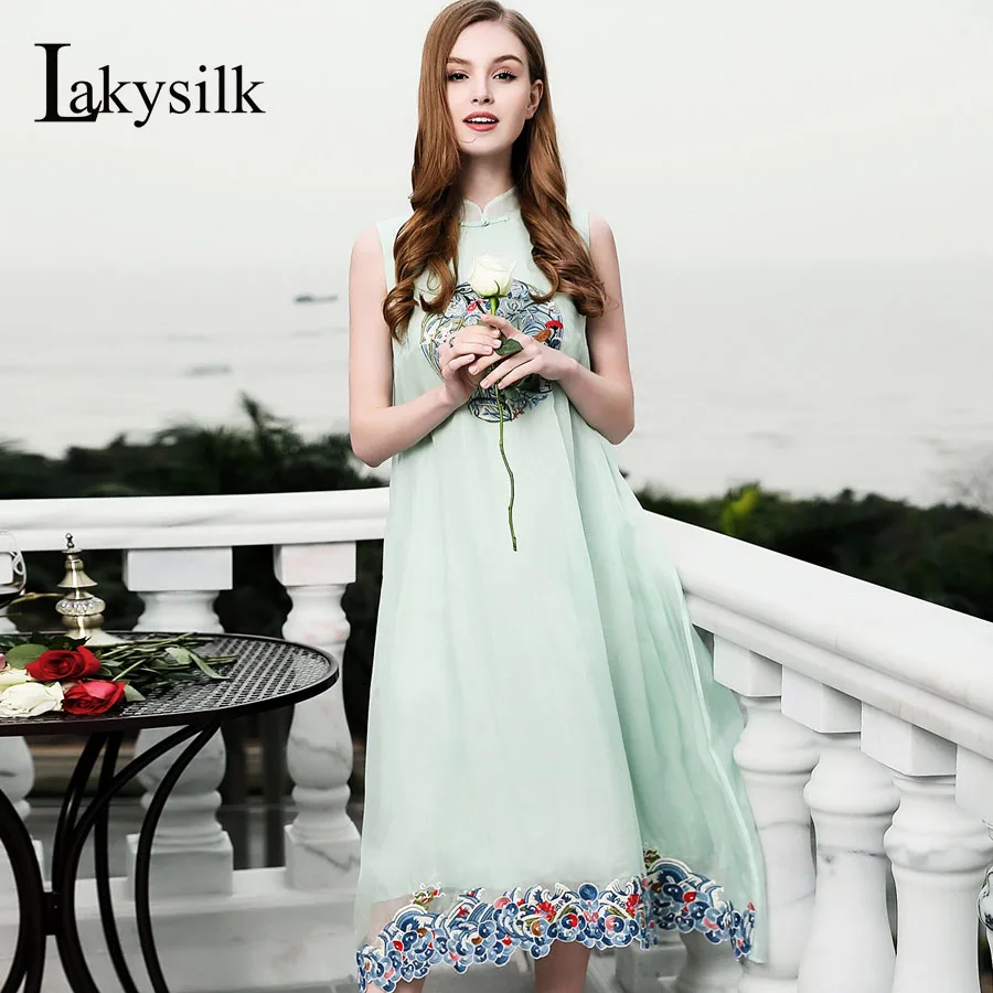 [Lakysilk]100%Silk long Dress Women Sleeveless Solid Vintage Embroidery Ladies A-line Loose Dress  Loose Summer Clothing